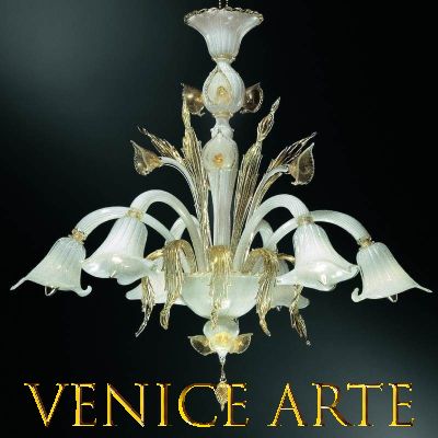 Aqua - Lustre en verre de Murano blanc/or à 6 lumières