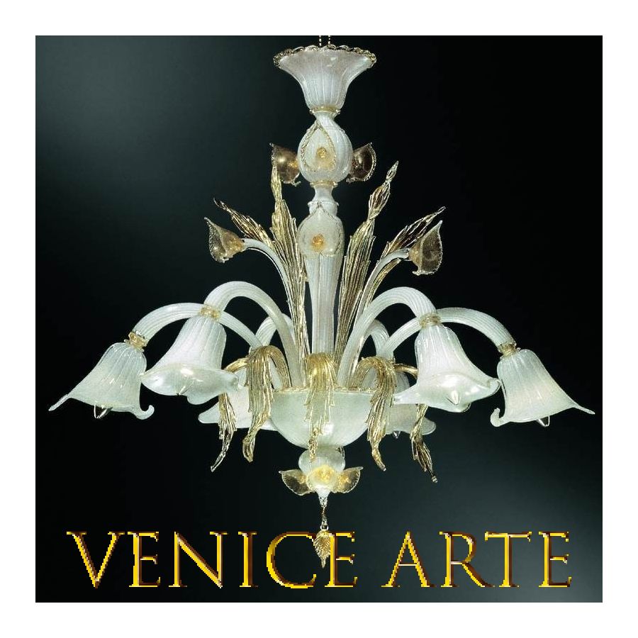 Aqua - Lustre en verre de Murano blanc/or à 6 lumières