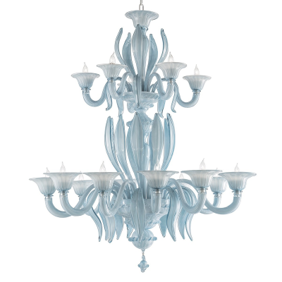 Colomba - Lustre 15 lumières 2 niveaux, en verre de Murano Aquamarine