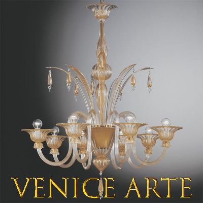 Barchessa - Lámpara de cristal de Murano dorado con 6 luces.