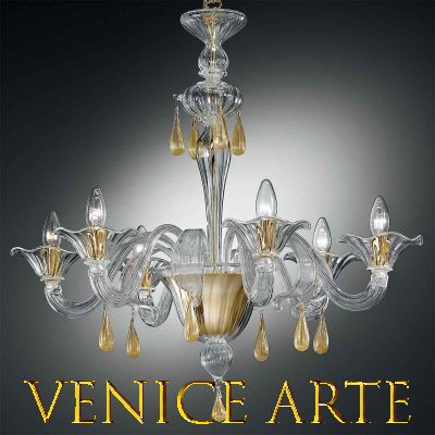 Aquileia – Kronleuchter mit 6 Lichtern aus transparentem/goldenem Muranoglas