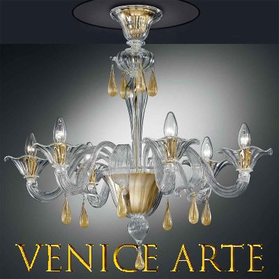 Aquileia - Lustre 6 lumières en verre de Murano transparent/or