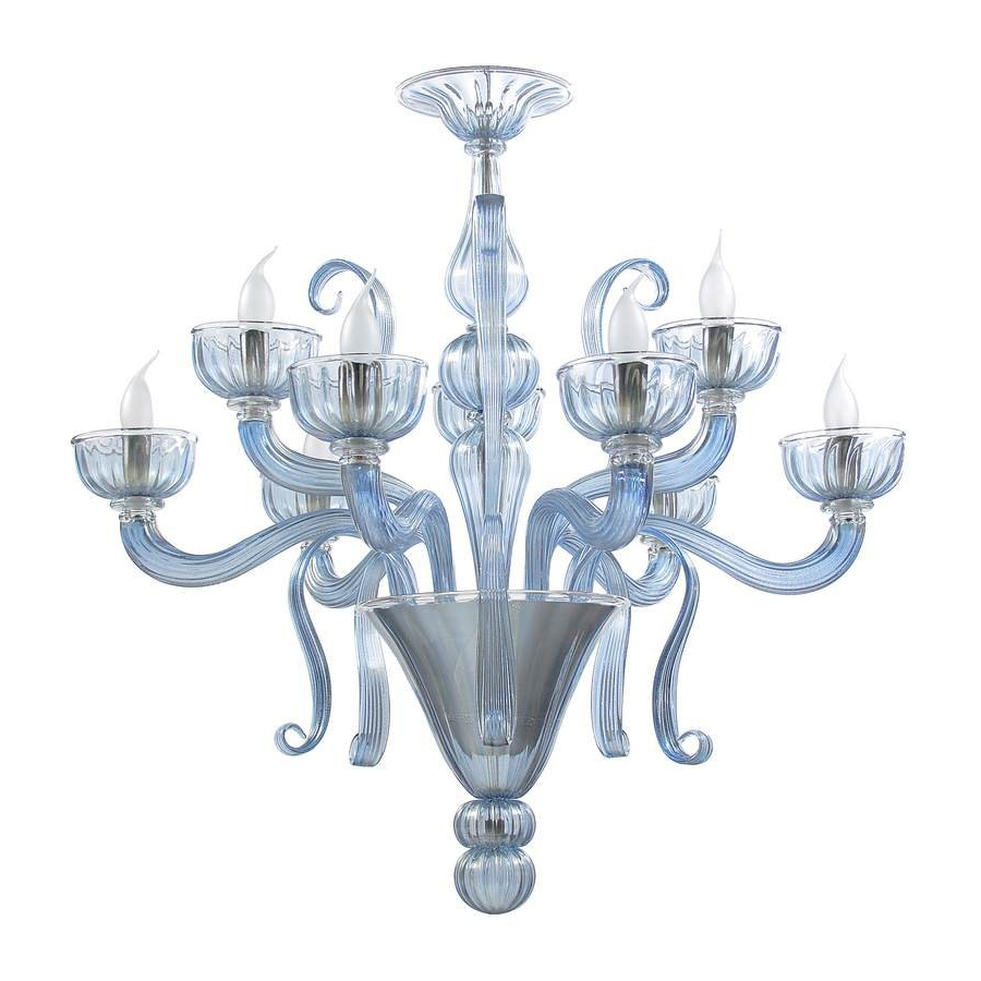 Serenella - Lustre 8 lumières en verre de Murano bleu ciel transparent.