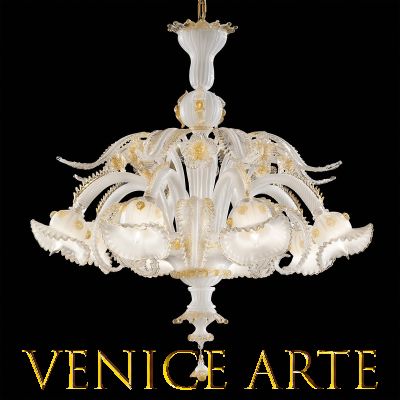 Dandolo - Lámpara de cristal de Murano seda blanca/oro con 6 luces