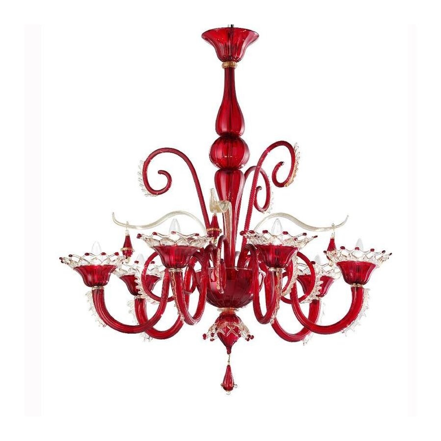 Ducale - Lustre en verre de Murano rouge/or à 6 lumières.