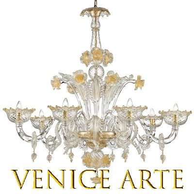 Biancaneve – Kronleuchter mit 6 Lichtern, aus transparentem/goldenem Muranoglas