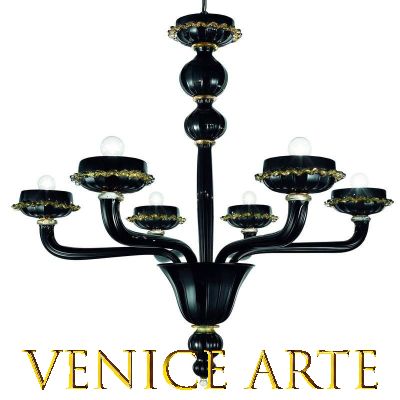 Arsenale - Lustre en verre de Murano noir-or à 6 lumières