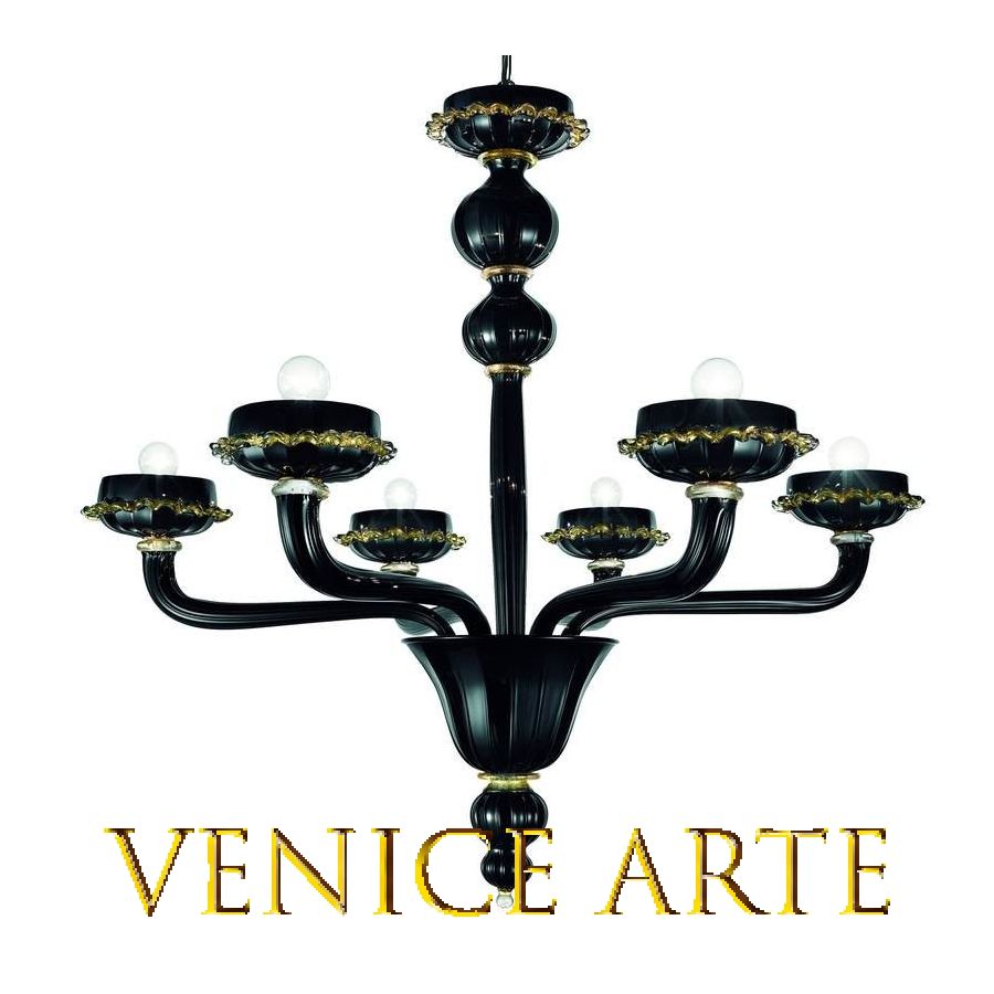 Arsenale - Lustre en verre de Murano noir-or à 6 lumières