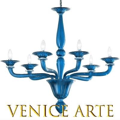 Burano - Lámpara de 6 luces en cristal de Murano transparente-aguamarina.