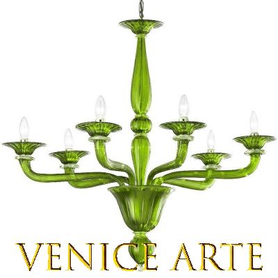 Burano - Lustre 6 lumières en verre de Murano transparent-vert.