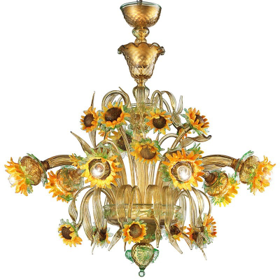 Tournesols ambre-vert - Lustre en verre de Murano