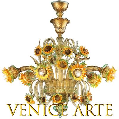 Tournesols ambre-vert - Lustre en verre de Murano