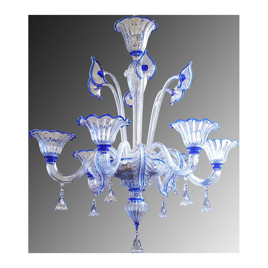 26/6 - Lustre 6 lumières en verre de Murano transparent/bleu