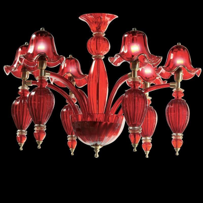 Dogaressa - Lámpara de cristal rojo de Murano con 6 luces y adorno oro.