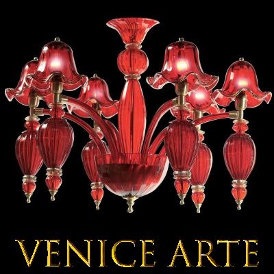 Dogaressa - Lustre en verre rouge de Murano à 6 lumières, finitions or.