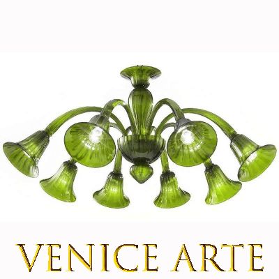 Frari - Lustre vert 8 lumières en verre de Murano