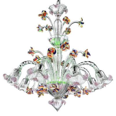 La Fenice - Lustre à 8 lumières et cimiere en verre transparent polychrome avec LED vert