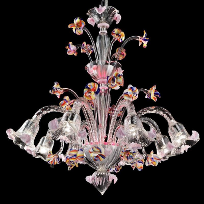 La Fenice - Lustre 8 lumières avec écusson en verre polychrome transparent avec LED rouge