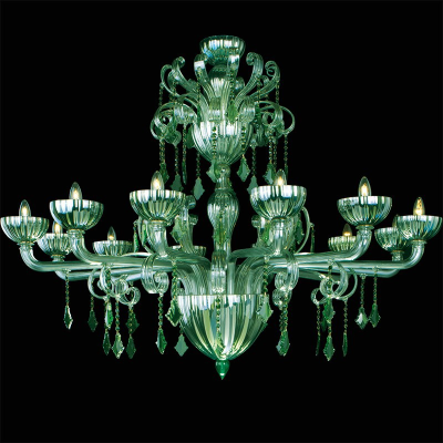 Vignole - Lustre 12 lumières en verre vert et pampilles Swarovski