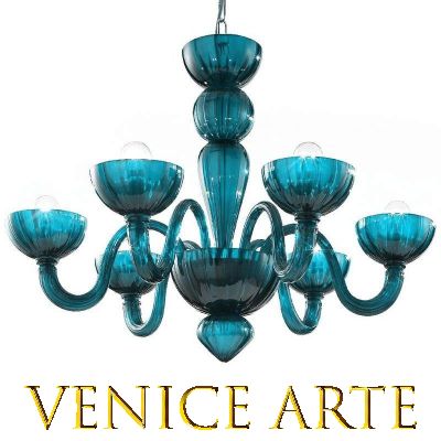 Malamocco - Lustre en verre de Murano aigue-marine à 6 lumières