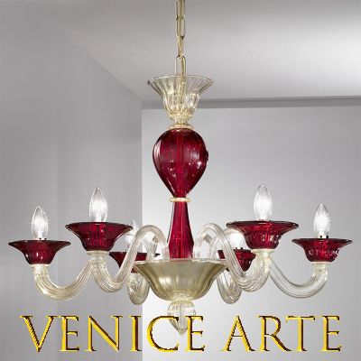 Navagero - Lámpara de cristal de Murano rojo/oro con 6 luces.