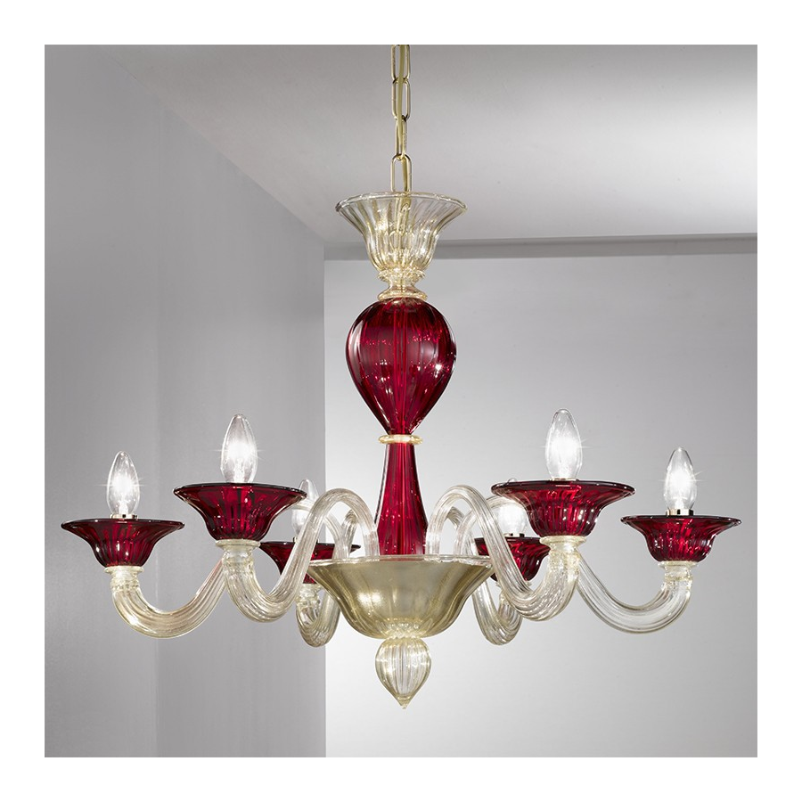 Navagero - Lámpara de cristal de Murano rojo/oro con 6 luces.