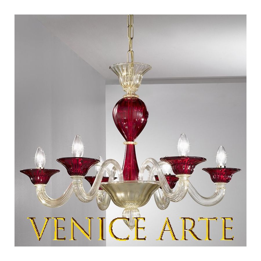 Navagero - Lustre en verre de Murano rouge/or à 6 lumières.
