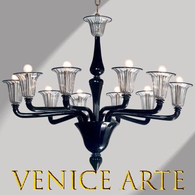 Palladio - Lámpara de araña de cristal de Murano transparente y negro con 10 luces.