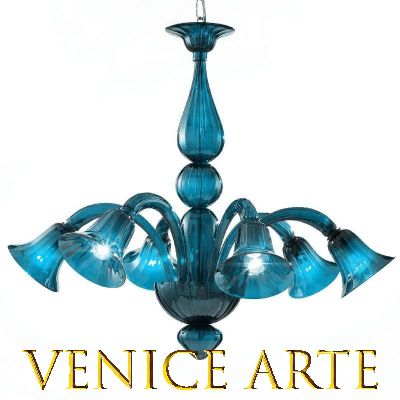 Pantalone - Lustre en verre de Murano aigue-marine à 6 lumières
